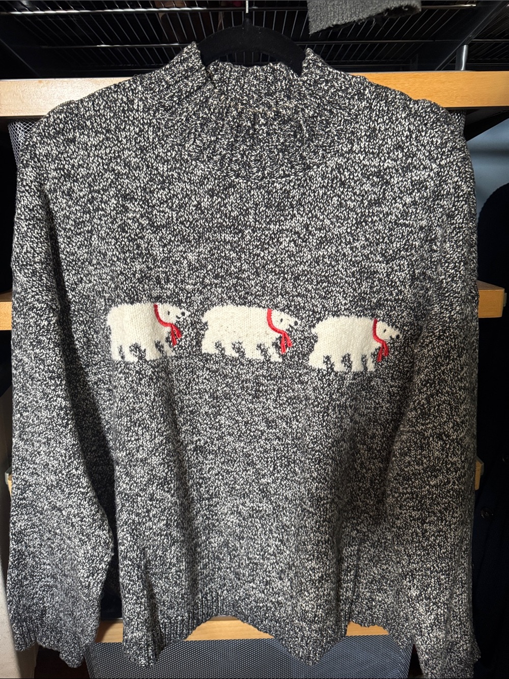 LOFT Black & White Marled Polar Bear Crewneck Sweater with Red Scarf Accents